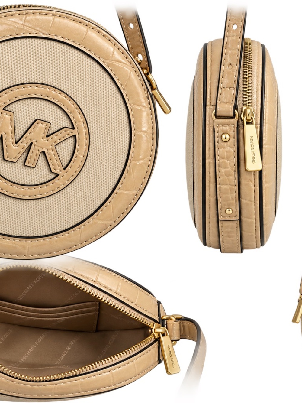 Michael Kors Beige Round Leather & Canvas Crossbody